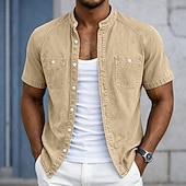 abordables Chemises décontractées intelligentes pour hommes-Chemise Homme SoftFade™ Chemise Décontractée Chemise Décolorée Teinte Vêtements 100% Coton Chemise Délavée Bleue Noire Rose Violet Verte Manches Courtes Col Grandad Uni Quotidien Patchwork