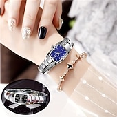 levne Quartz hodinky-Dámské luxusní quartzové hodinky, stříbrný náramek z nerezové oceli, obdélníkový modrý ciferník s křišťálovými diamantovými značkami, vodotěsné, elegantní náramkové hodinky, módní šperky, dárky pro