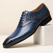 economico Scarpe Eleganti Classiche-Scarpe eleganti da uomo blu con texture effetto pelle di serpente, scarpe formali Oxford di lusso con lacci, ideali per matrimoni, affari, banchetti e occasioni speciali.
