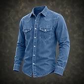 baratos Camisas de trabalho masculinas-Camisa masculina Softfade™, estilo cargo, lavagem ácida, tingida em preto, bordô, verde, azul claro, manga longa, lisa, gola, casual, para uso diário, com bolso frontal, elegante e moderna.