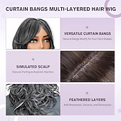cheap Older Wigs-Short Dark Grey Mix Black Layered Wig with Curtain Bangs,Synthetic Gray Layered Wavy Middle Part Butterfly Wigs for Black White Women Daily Party Cosplay Costume 18Inch