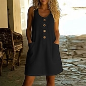  Women's Vintage Holiday 100% Cotton Knee Length Dress  Regular Fit Plain Sleeveless U Neck off white Black White Pink Spring