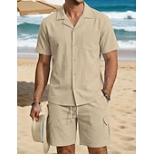 economico Camicie di lino-Per uomo Due pezzi Set Camicia Set estivo E Shorts Impostare Semplice Casuale Quotidiano Spiaggia Collo ripiegato Manica Corta Estate Primavera Moda Casual Confortevole Abbigliamento