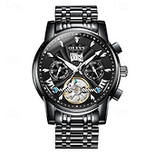 preiswerte Mechanische Uhren-Luxuriöse, automatische Herrenuhr, zweifarbiges Edelstahlgehäuse, blaues Zifferblatt im Skelett-Tourbillon-Stil, selbstaufziehende Business-Armbanduhr mit Großdatum, 24-Stunden-Anzeige, wasserdicht