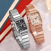 cheap Quartz Watches-Women's Rectangular Watch, Vintage Silver Stainless Steel Expansion Band Watch with Black Roman Numeral Dial, Elegant Ladies Stretch Bracelet Wristwatch, Retro Fashion Jewelry Gift