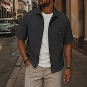 abordables camisa con botones para hombre-Hombre Camisa Camisa casual Camisa de Pana Abotonar la camisa Negro Blanco Azul claro Manga Corta Plano Tiras verticales Cuello Camisero Casual Diario Bolsillo delantero Ropa Elegante Moda Casual