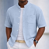 abordables Camisas informales elegantes para hombre-Men's Shirt Waffle Shirt Casual Shirt Button Up Shirt Black Light Green Navy Blue Purple Military Green Short Sleeve Plain Grandad Collar Casual Daily Front Pocket Clothing Apparel Elegant Fashion