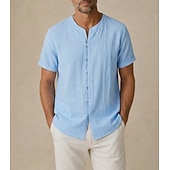billige Street-Men's Summer Linen Shirt - Soft Breathable Short Sleeve - Blue