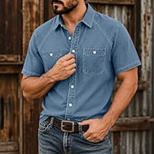 baratos Men's Work Shirts-SoftFade™ Men's Shirt Casual Shirt Acid Wash Shirt Garment Dyed Black Light Green Blue Purple Green Short Sleeve Plain Shirt Collar Casual Daily Clothing Apparel Elegant Fashion Casual