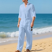 economico Camicie di lino-Per uomo Due pezzi Camicia popover Set Camicia E Pantaloni Impostare Semplice Casuale Quotidiano Vacanza Scollo a V Manica Lunga Estate Primavera Moda Casual Confortevole Abbigliamento