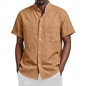 voordelige Klassiek-Voor heren Overhemd Linnen overhemd Zomer overhemd Strand Kleding Overhemd met bandkraag Overhemd met knopen Effen Kleur Casual Vakantie Zwart Wit Blozend Roze Oranje Korte mouw Mandarijn Kraag Zomer