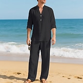 economico Camicie di lino-Per uomo Due pezzi Camicia popover Set Camicia E Pantaloni Impostare Semplice Casuale Quotidiano Vacanza Scollo a V Manica Lunga Estate Primavera Moda Casual Confortevole Abbigliamento