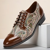 abordables Zapatos Declaración-Zapatos Oxford marrones con estampado paisley para hombre, zapatos de vestir con cordones, puntera brillante, calzado elegante para bodas, banquetes, fiestas y ocasiones especiales.