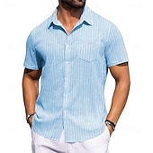 cheap Men's Smart Casual Shirts-Men's Shirt Ribbed Knitted Casual Shirt Button Up Shirt Pink Navy Blue Green Light Blue Short Sleeve Vertical Stripes Shirt Collar Casual Daily Front Pocket Clothing Apparel Elegant Fashion Casual