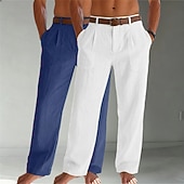 baratos Clássico-Homens Calças de linho Calças Calça verão Calças largas Calças de praia Bolsos Tecido Conforto Respirável Comprimento total Casual Diário Ao ar livre Moda Negócio Bege + preto Branco+Azul Marinho Sem