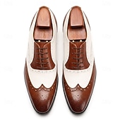 cheap Classic Dress Shoes-Men's Two-Tone Wingtip Oxford Dress Shoes, Brown &amp; White Brogue Leather Formal Shoes for Business Men, Wedding, Party, Banquet and Office Wear