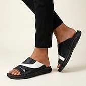baratos Sandálias e Chinelos para Homem-Sandálias masculinas bicolor pretas e brancas, modelo slide, com bico aberto, costuradas à mão, confortáveis e casuais para o verão, ideais para uso diário, férias, em casa e momentos de lazer ao ar livre.