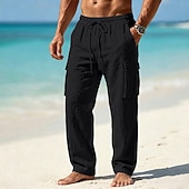 preiswerte Urlaub-Herren Cargo-Hosen Hose Sommerhose Strandhose Gaze-Hosen Kordelzug Elastischer Bund Mehrere Taschen Einfach Komfort Weich Volle Länge Täglich Outdoor Strand Urlaub Mode Khaki Schwarz Unelastisch