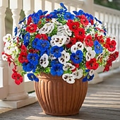 cheap Artificial Flower-18 Pcs Artificial Fake Pansy Flowers for Outdoor, UV Resistant Faux Silk Pansies Patriotic Flowers for Outside for Planter Front Door Porch Patio Window 4th of July Home Decor (Red, White, Blue)