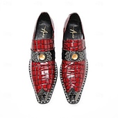 voordelige Mocassins de couro premium-Men's Red Croc-Embossed Strap Dress Shoes Pointed-Toe Statement Formal Footwear for Stylish Men, Weddings, Banquets, Parties and Stage Events