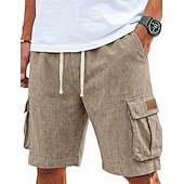  Men's Shorts Linen Shorts Summer Shorts Beach Shorts Drawstring Elastic Waist Multi Pocket Plain Comfort Breathable Knee Length Casual Daily Outdoor Vacation Fashion Blue Khaki Inelastic