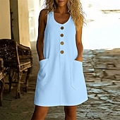  Women's Vintage Holiday 100% Cotton Knee Length Dress  Regular Fit Plain Sleeveless U Neck off white Black White Pink Spring