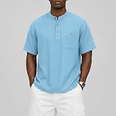 cheap Casual Henley Tee-Men's Tee Linen T-Shirt Short Sleeve Solid Color Plain Vacation Pocket Buttons Henley Casual Daily Outdoor Summer Spring &amp;  Fall Light Blue Navy Blue Khaki Henley T-Shirt