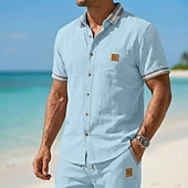  Herren Hemd Leinenhemd Sommerhemd Strandhemd Einfach Lässig Täglich Blau Schwarz Marineblau Khaki Kurzarm Kragen Sommer Frühling Bekleidung Patchwork