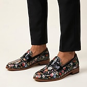 abordables Chaussures Déclaration-Mocassins à enfiler noirs à motif floral pour homme, chaussures habillées élégantes à bride vernie, parfaites pour les mariages, les banquets, les fêtes et les soirées raffinées.