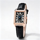 abordables Montres à quartz-Montre Tank vintage pour femme, boîtier rectangulaire en or rose, cadran rétro à chiffres romains avec aiguilles bleues, bracelet en cuir noir, petite montre à quartz pour femme, montre habillée ou