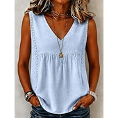  Femmes Chemise Couleur Unie Uni Bohème ancien Mode Sans manches Col en V Hauts Longs Occasionnel Bleu Blanche Jaune Été Printemps