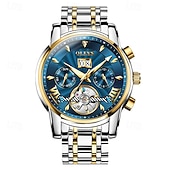preiswerte Mechanische Uhren-Luxuriöse, automatische Herrenuhr, zweifarbiges Edelstahlgehäuse, blaues Zifferblatt im Skelett-Tourbillon-Stil, selbstaufziehende Business-Armbanduhr mit Großdatum, 24-Stunden-Anzeige, wasserdicht