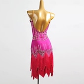 abordables vestido de competición-Latin Dance Dress Rhinestone Tassel Splicing Women's Party Performance Sleeveless Salsa Rumba Competition Costume