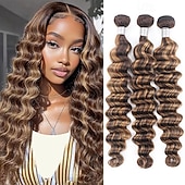 cheap 3 Bundles Human Hair Weaves-3 Bundle Hair Weaves 18 20 20 Inch Highlight P4/27 Loose Deep Human Hair Bundles