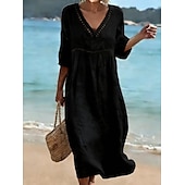 cheap Plain Dress-Women's Long Dress Maxi Dress Sundress Elegant Vacation Beach Holiday Loose Fit Solid Color Half Sleeve V Neck Light Blue Denim Blue turmeric off white Summer Spring