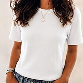 cheap Plain tee-Women's Waffle T-shirt Tee Top Solid Color Vintage Fashion Stylish Short Sleeve Crew Neck Regular Tops Casual Daily Going out Black White Navy Blue Brown Apricot Summer Spring