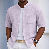abordables Camisas informales elegantes para hombre-Men's Shirt Waffle Shirt Casual Shirt Button Up Shirt Black Light Green Navy Blue Purple Military Green Short Sleeve Plain Grandad Collar Casual Daily Front Pocket Clothing Apparel Elegant Fashion
