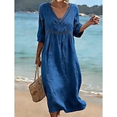 cheap Plain Dress-Women's Long Dress Maxi Dress Sundress Elegant Vacation Beach Holiday Loose Fit Solid Color Half Sleeve V Neck Light Blue Denim Blue turmeric off white Summer Spring