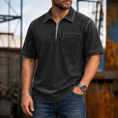 tanie Męska klasyczna koszulka polo-Koszule polo SoftFade™ Męskie 100% Bawełna Koszula z efektem washed Casual Codzienny ubiór Zamek ćwierć zamka Krótki rękaw Vintage Podstawowa Gładka Kieszonka Zniszczona Lato Luźny krój Czarny Różowy