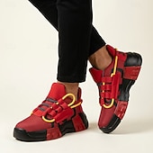 cheap Casual Sneakers-Men's Red Athletic Sneakers, Lace-Up Sport Running Shoes, Bold Colorblock Training Shoes for Gym, Streetwear, Outdoor
