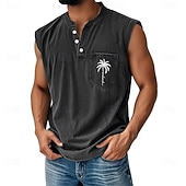 cheap Tank Tops-Men's 100% Cotton Acid Wash Shirt Sleeveless Shirt Sleeveless Henley Summer Solid Color Coconut Casual Garment Dyed Faded Vintage Washed Daily Streetwear Blue Black Green Top Tee for Men