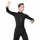 abordables Hauts &amp; Ensembles-Chemise noire de danse latine pour homme - Haut de scène à manches longues et coupe ajustée - Détails en satin - Costume salsa/tango/cha-cha