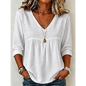 Femmes Chemise Couleur Unie Uni Bohème Vacances ancien Col en V Hauts Longs Occasionnel Bleu Blanche Noir Jaune Rose Claire Été Printemps