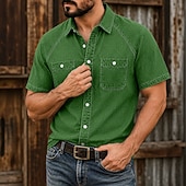 baratos Men's Work Shirts-SoftFade™ Men's Shirt Casual Shirt Acid Wash Shirt Garment Dyed Black Light Green Blue Purple Green Short Sleeve Plain Shirt Collar Casual Daily Clothing Apparel Elegant Fashion Casual