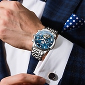 preiswerte Mechanische Uhren-Luxuriöse, automatische Herrenuhr, zweifarbiges Edelstahlgehäuse, blaues Zifferblatt im Skelett-Tourbillon-Stil, selbstaufziehende Business-Armbanduhr mit Großdatum, 24-Stunden-Anzeige, wasserdicht