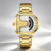 abordables Quartz Watches-Men's Luxury Gold Watch Creative Unique Design Rolling Disc Dial Futuristic Cyberpunk Style Stainless Steel Band Waterproof Fashion Cool Casual Wristwatch Gifts for Men