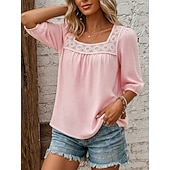  Mulheres Camisas com toque de linho Blusa Guarnição do laço Côr Sólida Diário à moda Básico Manga 3/4 Decote Quadrado Tops regulares Casual Diário Azul Branco Rosa Azul Marinha Verde Verão Primavera