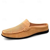 baratos Socas e Mules para Homem-Mocassins masculinos bege perfurados, modelo slip-on, leves e confortáveis, ideais para uso diário, viagens, dirigir e momentos de lazer no verão.
