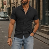 cheap Men's Smart Casual Shirts-Men Shirt Casual Shirt Button Up Shirt Jacquard Shirt Black White Burgundy Navy Blue Apricot Short Sleeve Plain Cuban Collar Casual Daily Front Pocket Clothing Apparel Elegant Fashion Casual