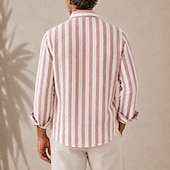 abordables Clásico-Camisa de lino a rayas para hombre – manga larga con botones para las vacaciones de verano